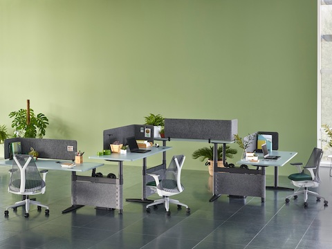A zigzag configuration of four height-adjustable Atlas Office Landscape desks with blue tops and Sayl office chairs.