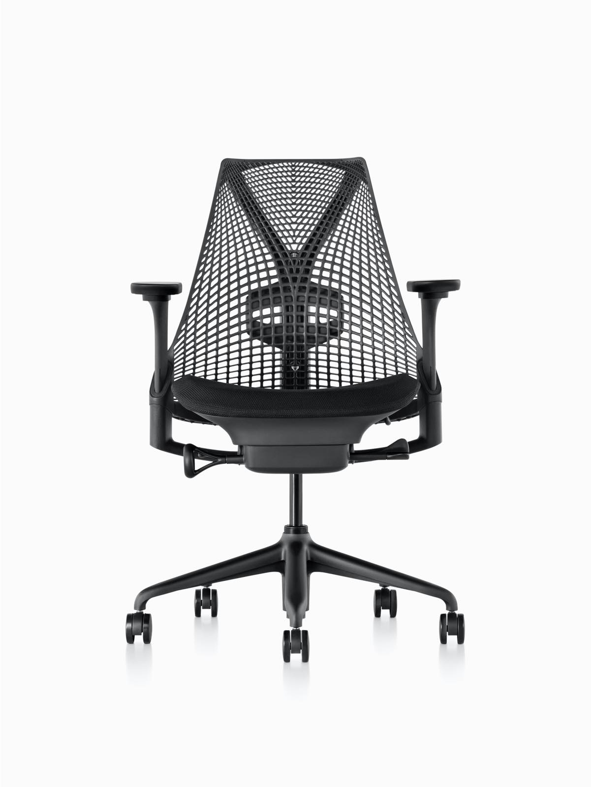 Black Sayl office chair with a suspension back, viewed from the front. Select to go to the Sayl Chairs product page.