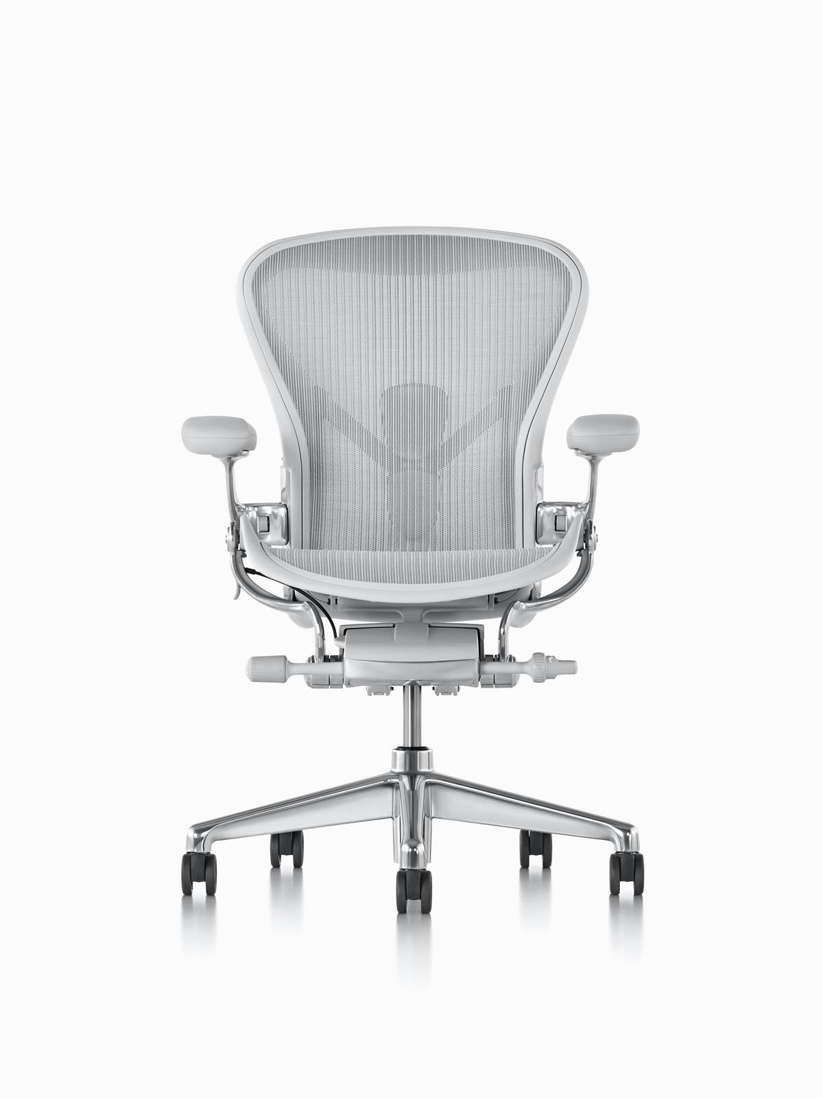 Light grey Aeron office chair, viewed from the front. Select to go to the Aeron Chairs product page.