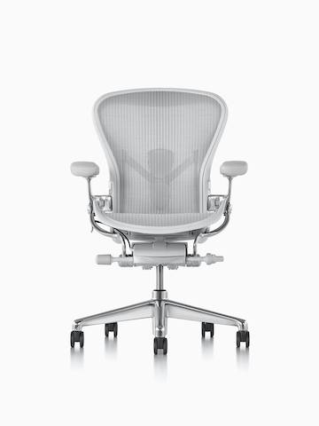 Light gray Aeron office chair, viewed from the front. Select to go to the Aeron Chairs product page.
