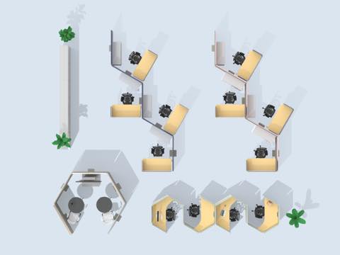 An illustration showing an office setting that supports physically distanced and collaborative settings. An illustration showing an office setting that supports physically distanced and collaborative settings.