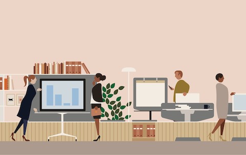 Una representación de computadora que muestra a los empleados dentro de un área de oficina.