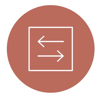 Un pequeño círculo marrón con un icono blanco en el centro sirve de representación abstracta para mejorar la orientación, una de nuestras cuatro consideraciones esenciales en cuanto al diseño en una oficina abierta.