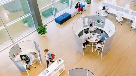 Prospect Solo Space and Prospect Creative Space with white boards and tackable surfaces, from above.