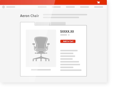 An illustration of an Aeron Chairs product page on an OrderPlace website, with a button that says, “Add to Cart.”