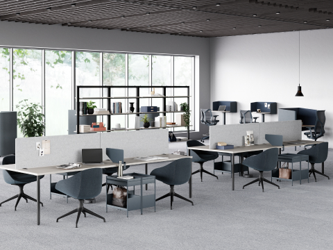 A selection of OE1 Workspace Collection products including OE1 Micro Packs, OE1 Nooks, OE1 Agile Wall and OE1 Storage Trolleys are featured in a study hall setting.