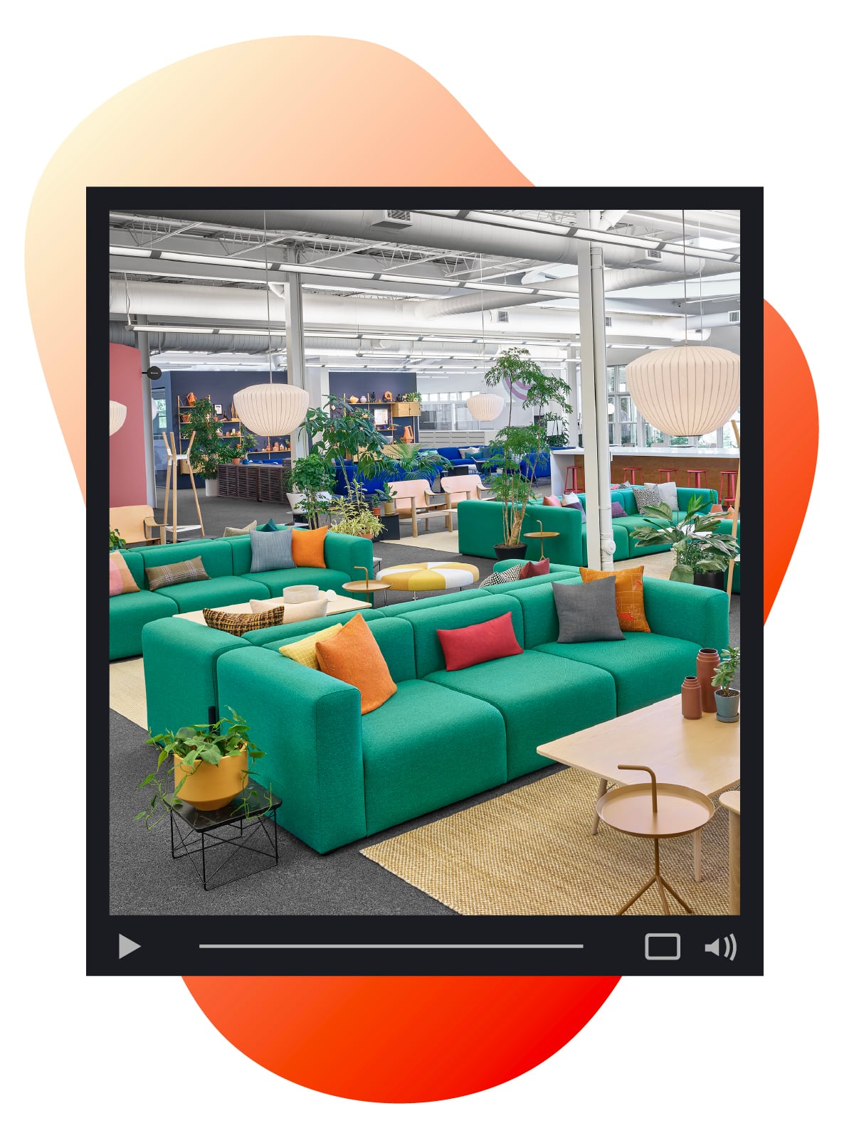 The transformed Front Door of Herman Miller's Design Yard in West Michigan with a colorful mix of furnishings from across the MillerKnoll family of brands. An orange organic shape sits behind the image.