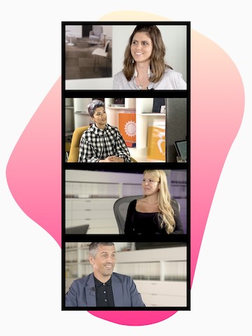 Image of a split screen showing the four designers who participated in the Looking Forward conversations. A pink organic shape sits behind the image.	
