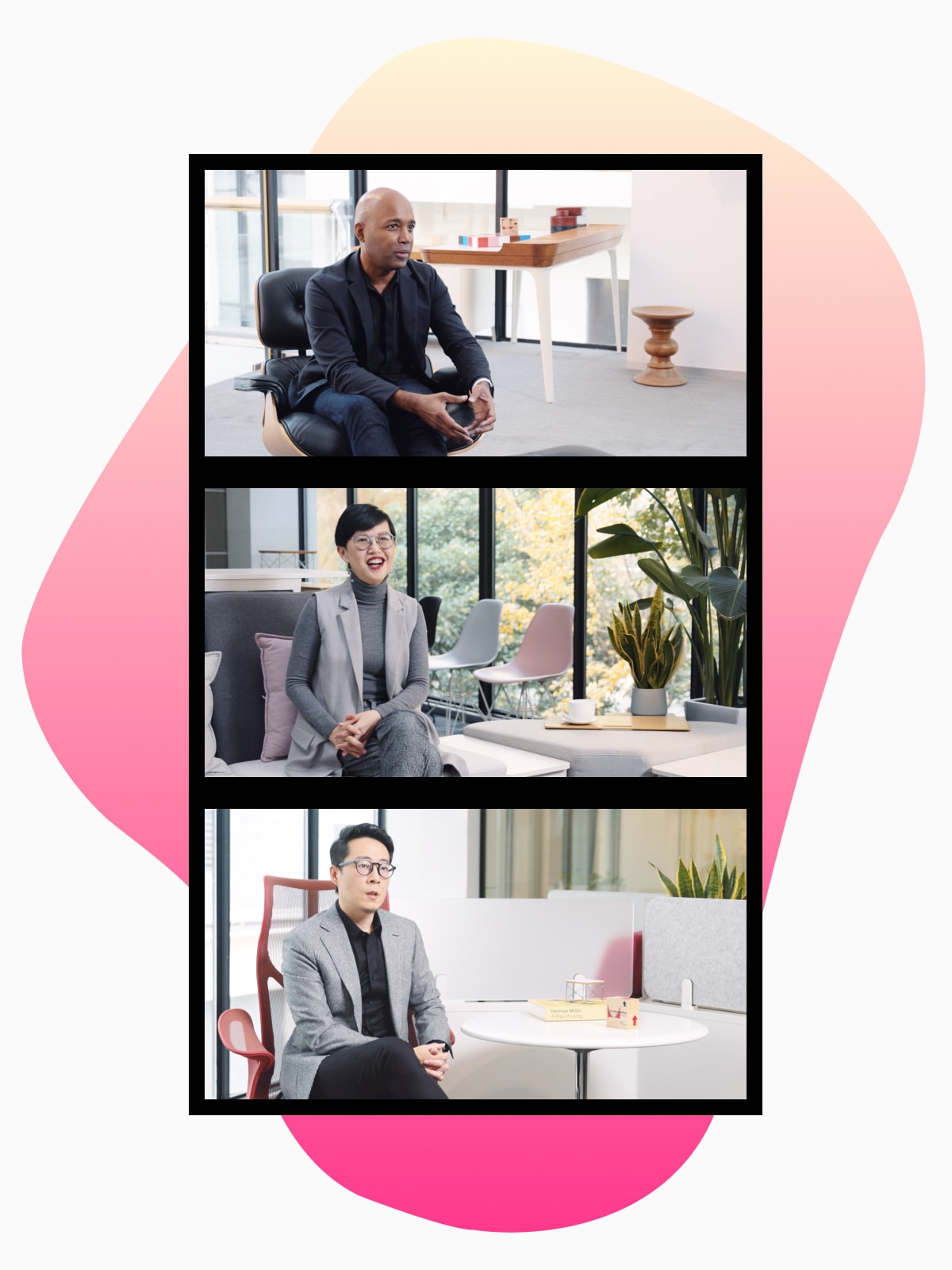 图片上分屏展示了参加《展望未来》对话的三位设计师。图片背后有一个粉红色的有机形状。