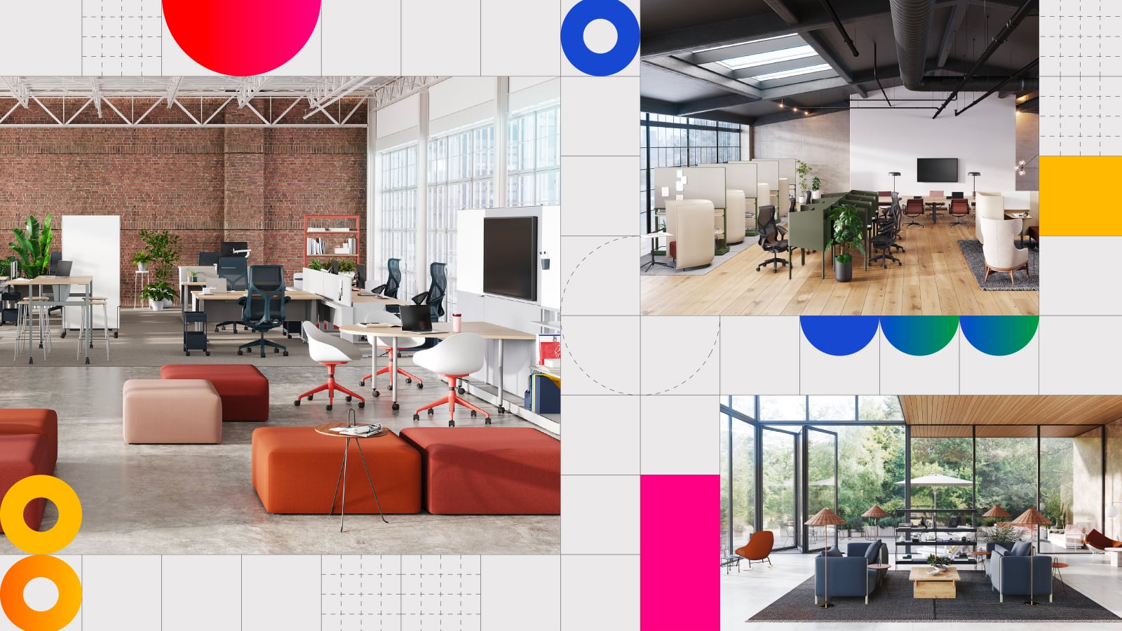 Collage of brightly colored graphic shapes and images of different types of office environments, illustrating spaces for socialization, collaboration, and focus.