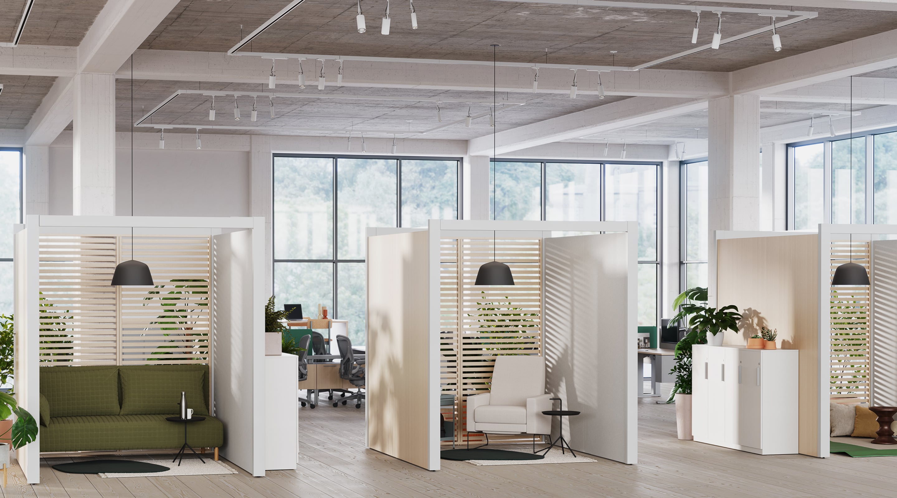 A grouping of three one-person work settings designed as calming spaces devoid of technology with the goal of providing employees a moment of rest for both body and mind, resulting in higher overall productivity.