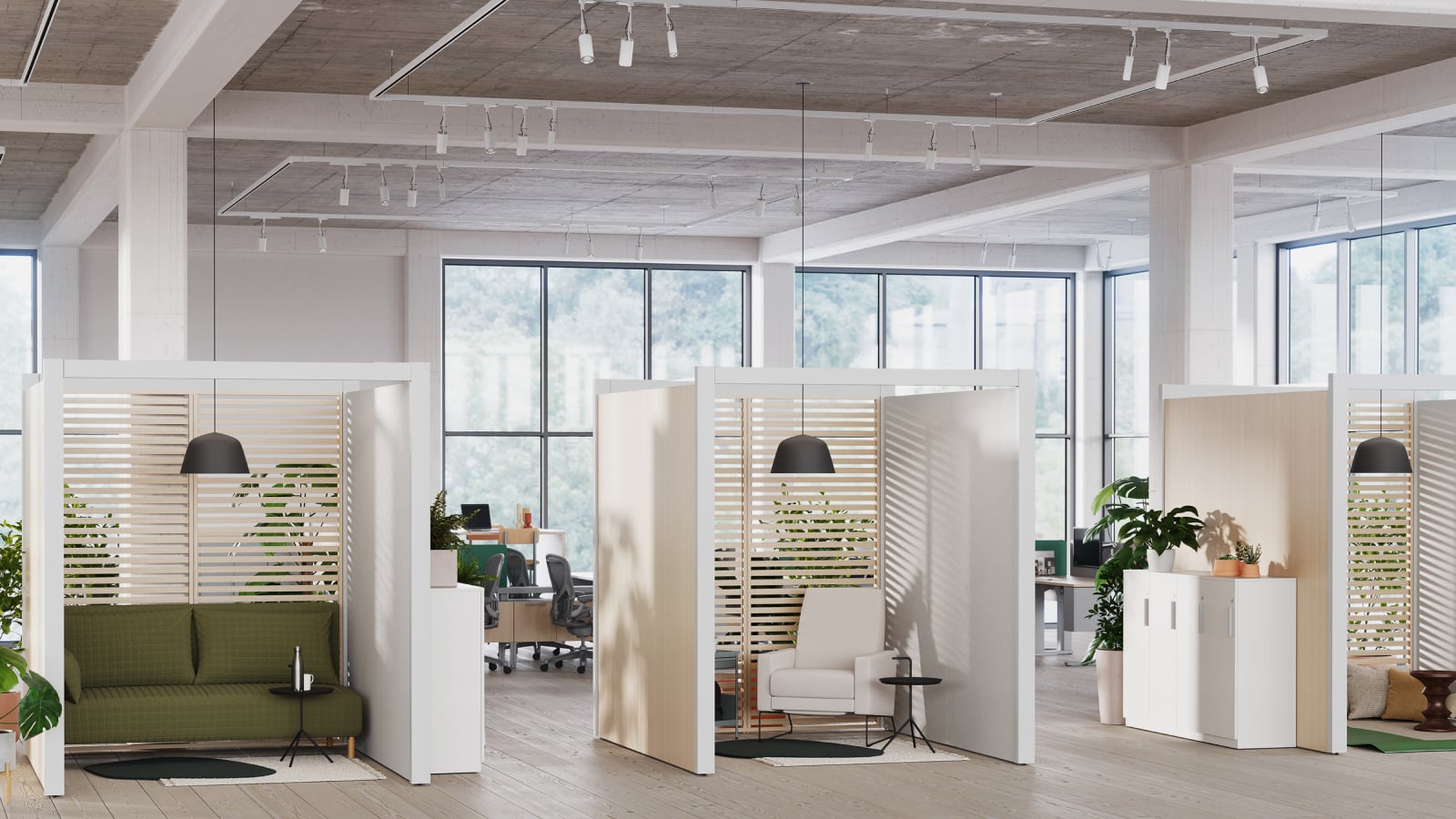 A grouping of three one-person work settings designed as calming spaces devoid of technology with the goal of providing employees a moment of rest for both body and mind, resulting in higher overall productivity.