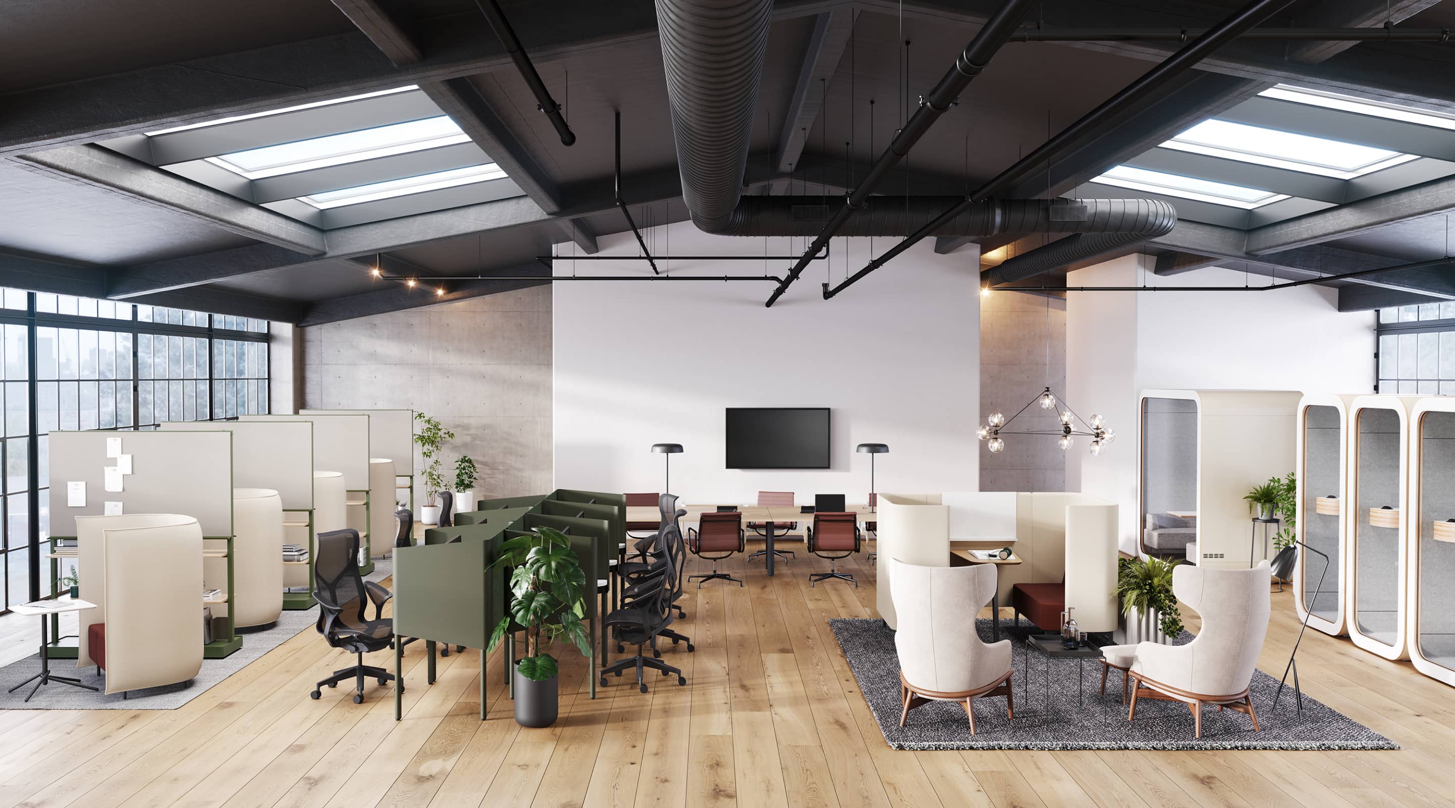 A workplace setting comprised of highly varied solo work points designed to support focus, thinking, learning, or reading in proximity to others.