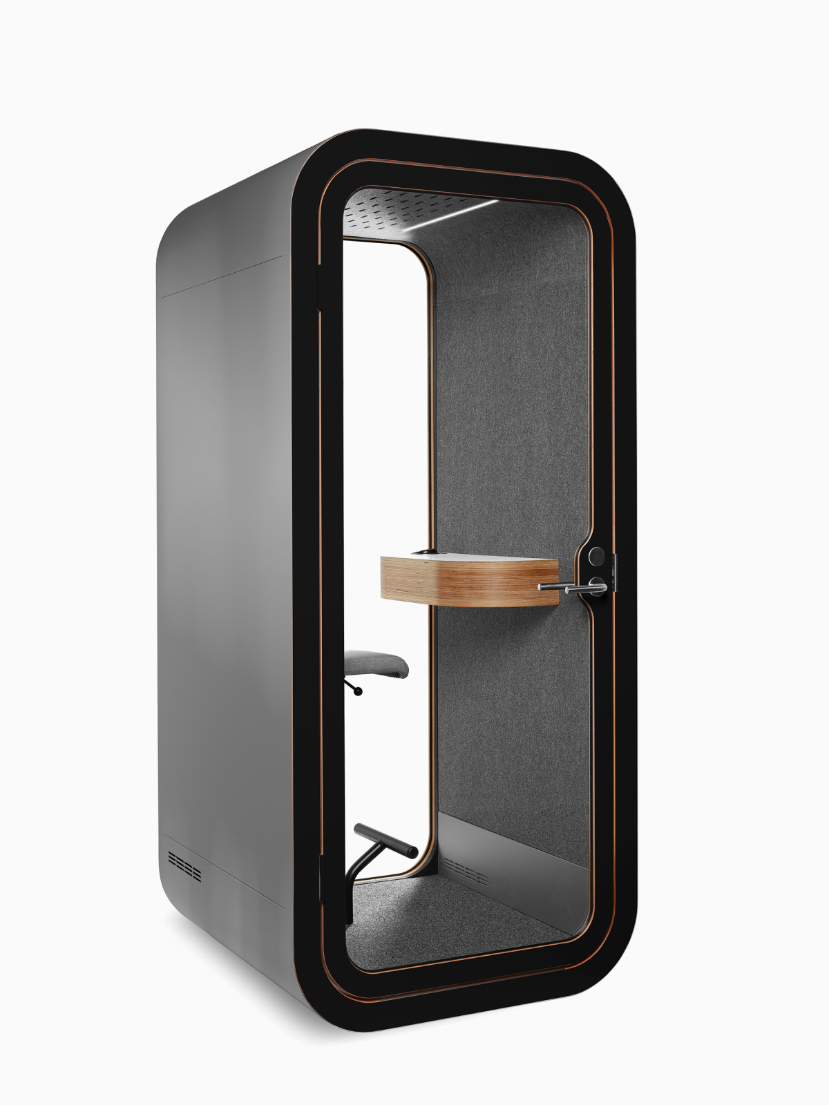 A black Framery O Office Phone Booth with a grey fabric interior, small shelf, and stool.