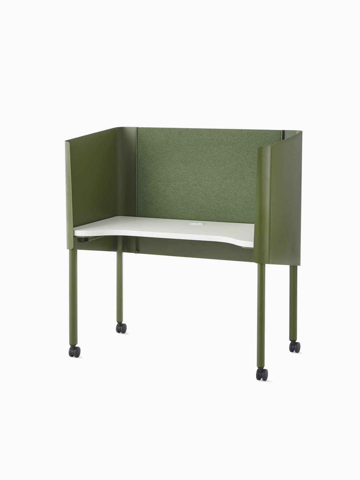 A green OE1 Nook from Herman Miller with white surface and casters, viewed from the front.