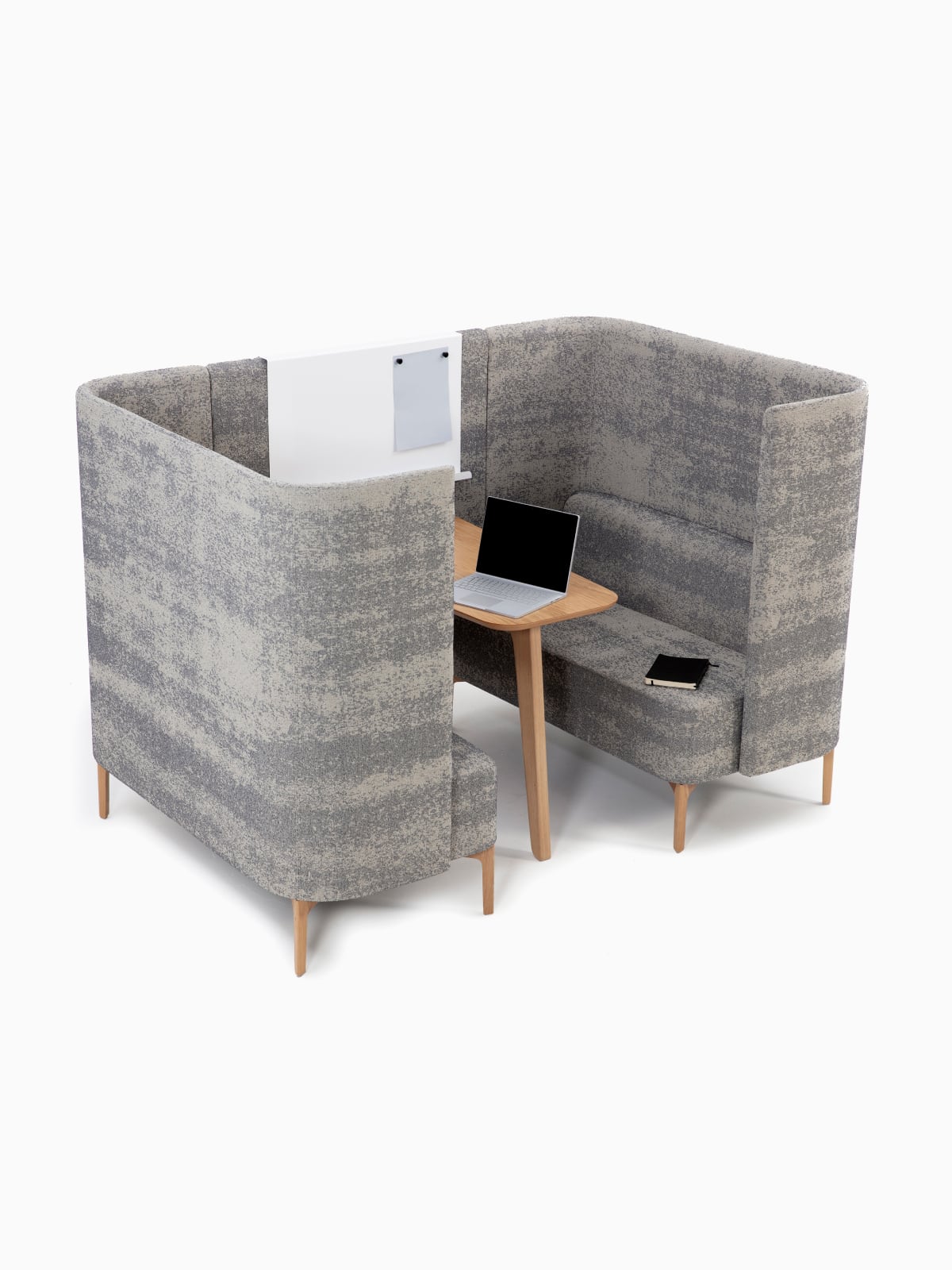 A four-seat Pullman Booth from naughtone, upholstered in grey fabric with oak legs and an oak veneer tabletop, viewed from a high angle.
