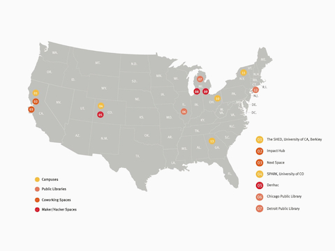 A map of the U.S. showing innovation spaces studied by Herman Miller. Select to read a white paper about innovation spaces.