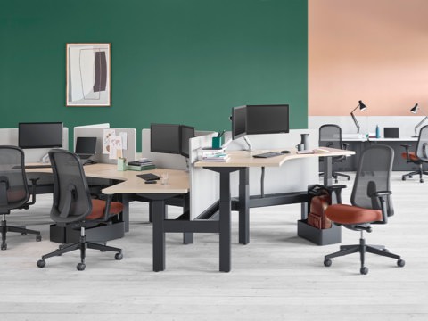 An office environment containing a Nevi Link standing desk system featuring 120 degree work surfaces, with Nevi sit-to-stand tables and Canvas Channel workstations in the background. An office environment containing a Nevi Link standing desk system featuring 120 degree work surfaces, with Nevi sit-to-stand tables and Canvas Channel workstations in the background.