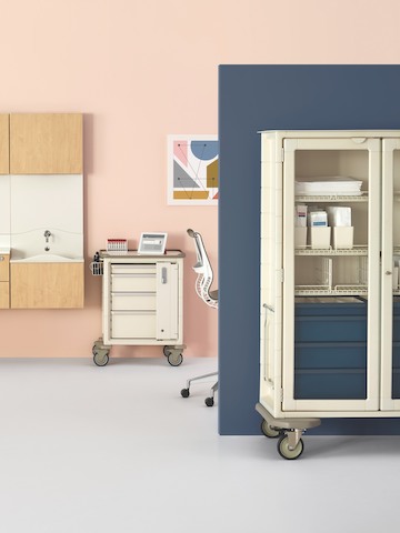 Modular, movable storage carts in a healthcare laboratory. Modular, movable storage carts in a healthcare laboratory.