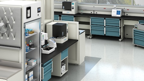 Co/Struc System components in a healthcare laboratory, including drawer units and mobile storage.  