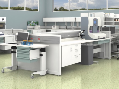 A healthcare laboratory featuring a variety of overhead, base, and mobile storage. 