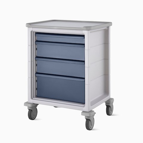A mobile Procedure and Supply Cart in light gray with dark blue drawers.