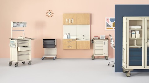 Various materials management components for healthcare applications, including Procedure/Supply Carts and wall-hung Compass System modules.