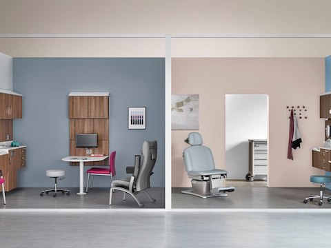 Two exam rooms featuring wall-hung storage components from the Compass System. Two exam rooms featuring wall-hung storage components from the Compass System.