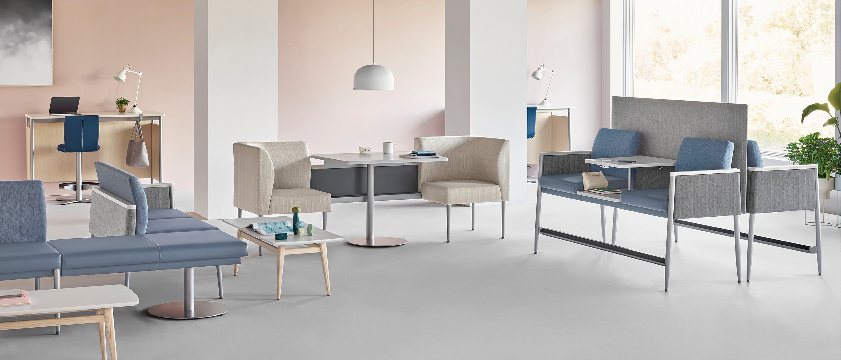 A waiting area with Palisade Booths, Bench, Coffee Tables, Daystand and Stool, Multiple Seating, and Easy Access Multiple Seating. A waiting area with Palisade Booths, Bench, Coffee Tables, Daystand and Stool, Multiple Seating, and Easy Access Multiple Seating.