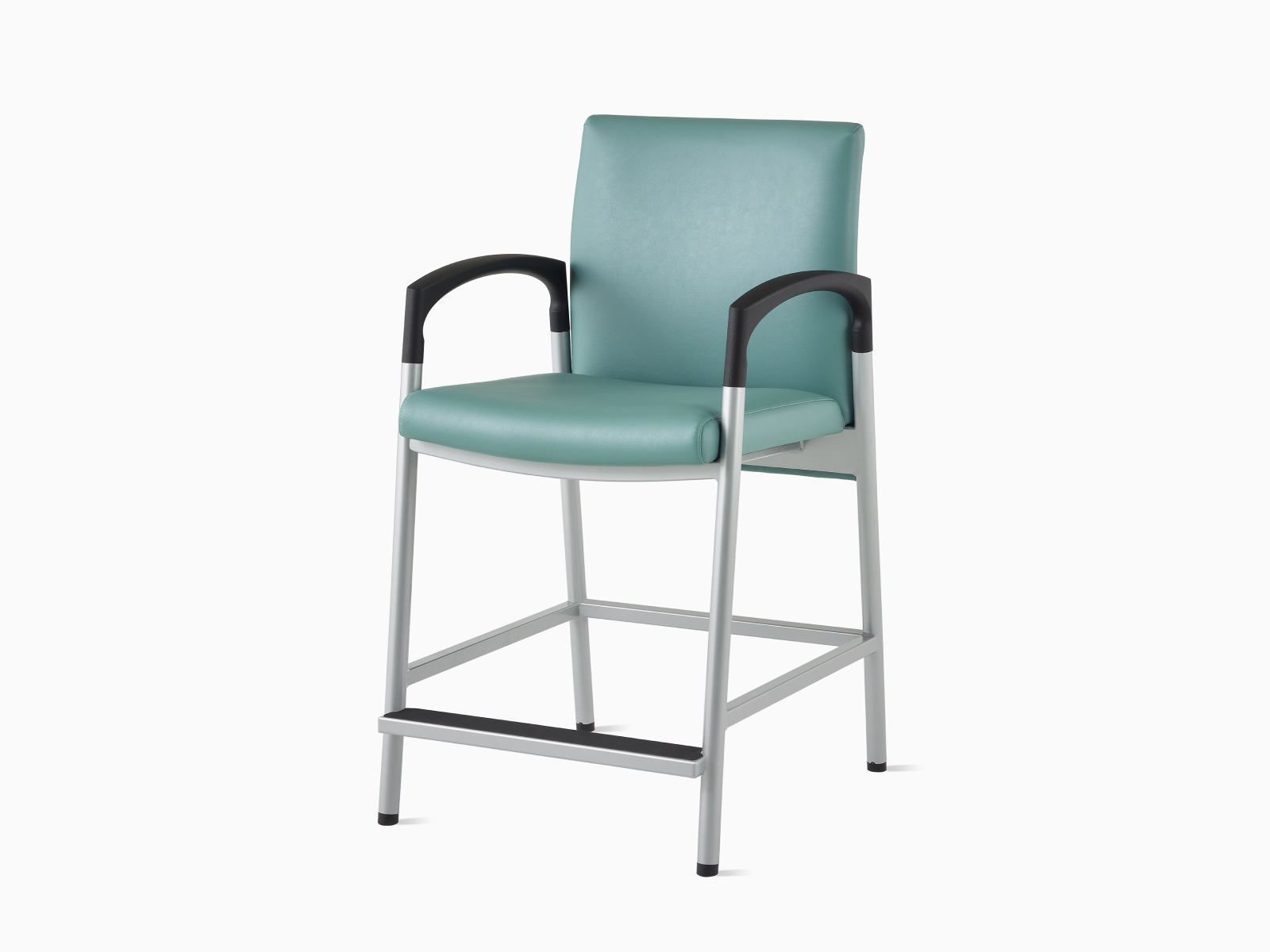 Three-quarter, front view of a Valor Easy Access chair in a blue-green upholstery with a silver frame and black armcaps on white sweep.