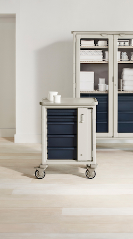 Two supply carts with a single-wide shorter cart in the front and a double-wide tall cart in the back. Both with gray bodies and midnight blue drawers.
