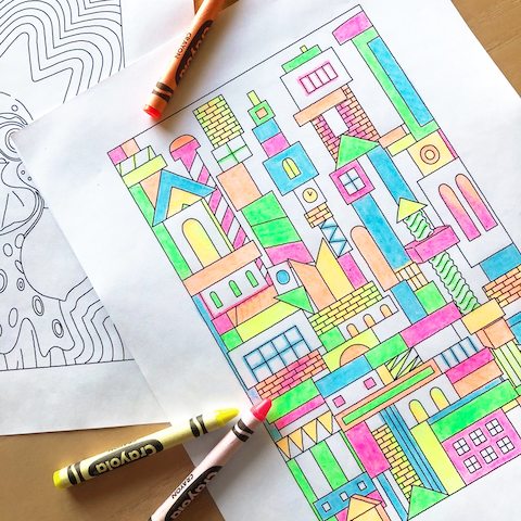 A Carton City coloring page completed with crayons.