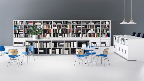An expanse of Meridian Storage cabinets filled with brightly colored books. 