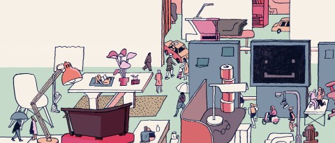 A colorful illustration of Lilliputian people moving about an abstract workplace. A colorful illustration of Lilliputian people moving about an abstract workplace.