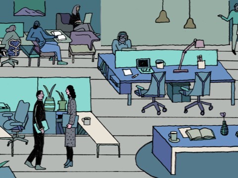 An illustration rendered in cool tones, showing people interacting and working alone in an open office.