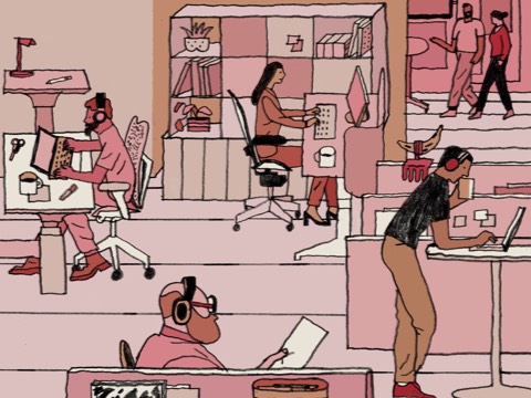 An illustration rendered in warm tones, showing office workers keying on their computers while seated and standing.