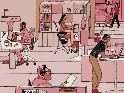 An illustration rendered in warm tones, showing office workers keying on their computers while seated and standing. An illustration rendered in warm tones, showing office workers keying on their computers while seated and standing.