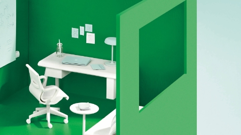 A rendering of a private workpoint that includes a chair, work surface, and small table.