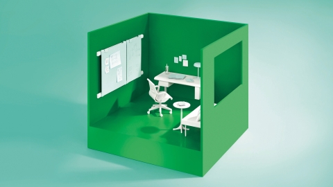 A rendering of a private workpoint that includes a chair, work surface, small table, and display boards.