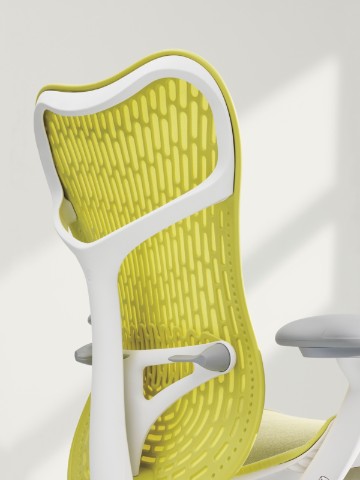 Side view of a yellow Mirra 2 office chair, showing the ergonomic back support.