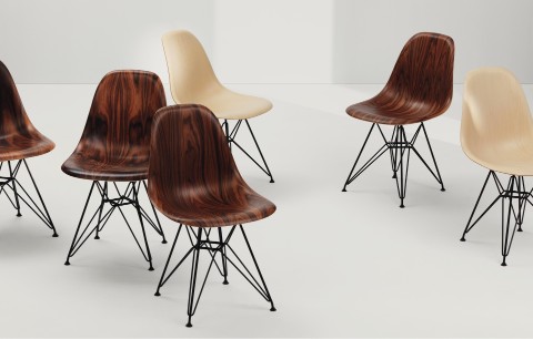 Six Eames Molded Wood Chairs in light and dark finishes.