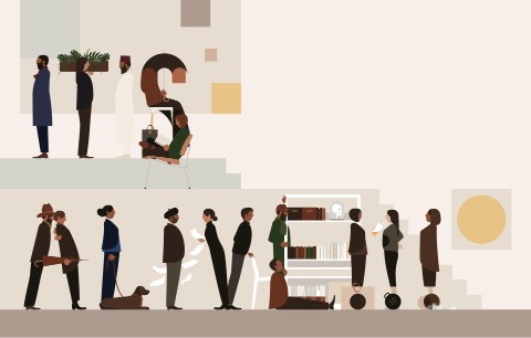 Animated depiction of several office workers interacting in a way that spells Animated depiction of several office workers interacting in a way that spells
