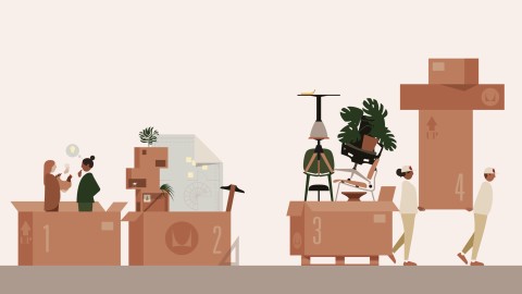 Animated depiction of four boxes; one contains people, one contains other boxes, one contains furniture, one is being carried.