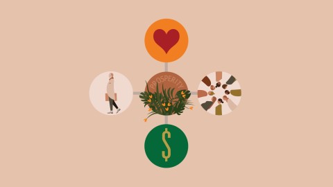 Illustration of five circles containing a heart, flowers, dollar sign, man with a briefcase, and eight people.