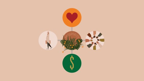 Illustration of five circles containing a heart, flowers, dollar sign, man with a briefcase, and eight people. Illustration of five circles containing a heart, flowers, dollar sign, man with a briefcase, and eight people.