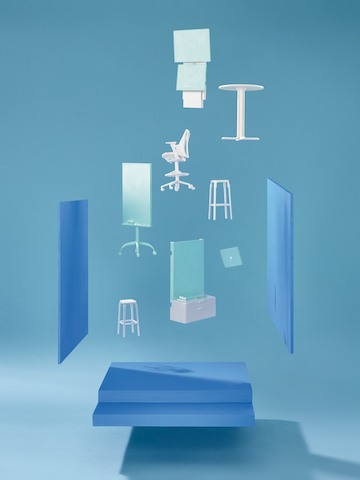 An image of various furniture products floating over a blue background. Select to read about three Living Office Settings.