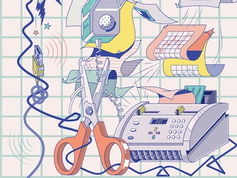 An illustration of office tools, including a printer, scissors, and USB plug. Select to read about tech trends in the workplace.