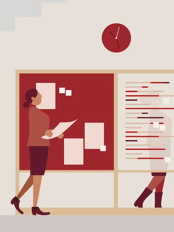 Animated depiction of a woman walking past display boards. Select to read about Living Office research.