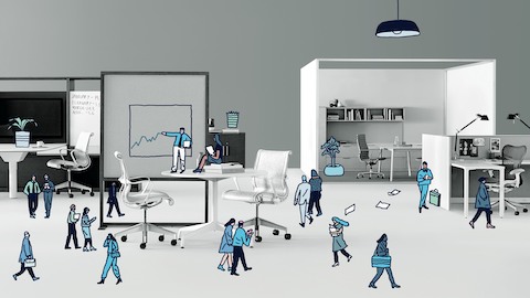 Animated Lilliputian office workers mingle in a modern workplace. Select to read about choosing office systems.