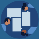 A small circle containing an animated depiction of three people with dialog boxes.